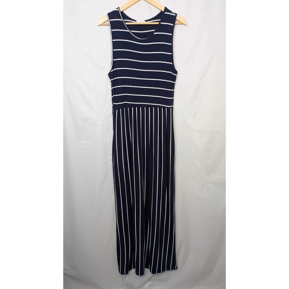 Hount Womens Large Navy White Striped Sleeveless Maxi Dress Pockets Casual